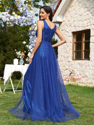 Royal Blue Sequins V-neck Prom Dress