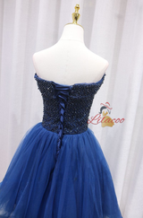 Navy Blue Tulle Beading Homecoming Dress