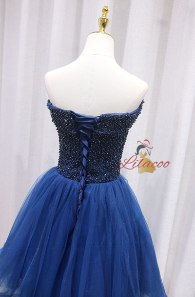 Navy Blue Tulle Beading Homecoming Dress
