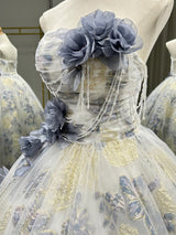 Blue Tulle Flower Strapless 3D Flower Prom Dress