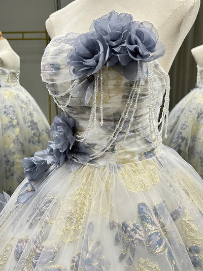 Blue Tulle Flower Strapless 3D Flower Prom Dress