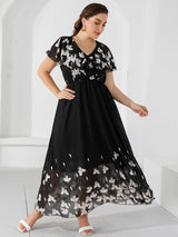 V-neck Flared Sleeve Ruffled Chiffon Printed Dress