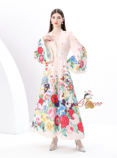 Retro V-neck Breasted Printed Long Dress