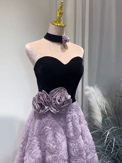 Purple Tulle Black Velvet Flower Prom Dress