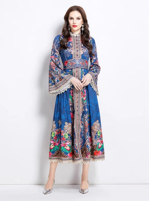 National Style Pattern Stand-up Collar Section Dress