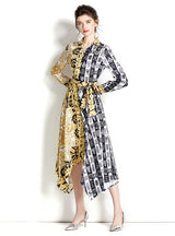 Retro Long Sleeve Color Printed Irregular Dress