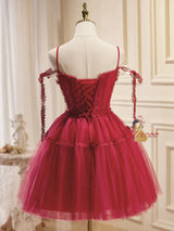 Burgundy Tulle Lace Straps Homecoming Dress