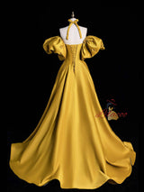 Yellow Satin Puff Sleeve Flower Prom Dress