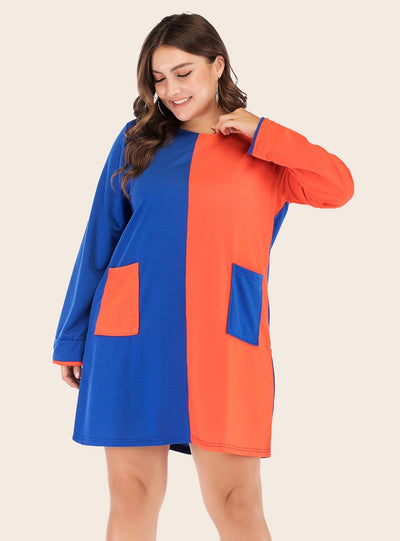 Loose Round Neck Contrast Long Sleeve Dress