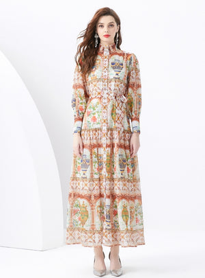 Long Sleeve Retro Print Dress