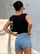 V-neck Pleated Slim T-shirt