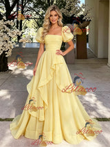 Yelow Tulle Puff Sleeve Pleats Prom Dress