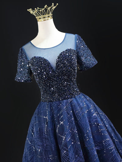Navy Blue Sequins Short Sleeve Homecoming Dress