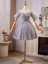 Blue Tulle Sequins Straps Homecoming Dress