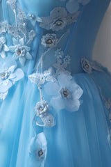 Blue Tulle Spaghetti Straps 3D Appliques Prom Dress
