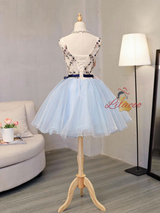 Blue Tulle Flower Beading Homecoming Dress