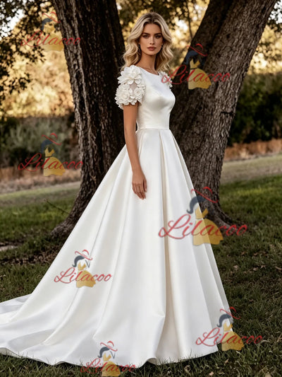 White Satin Short Sleeve Flower Wedding Dress
