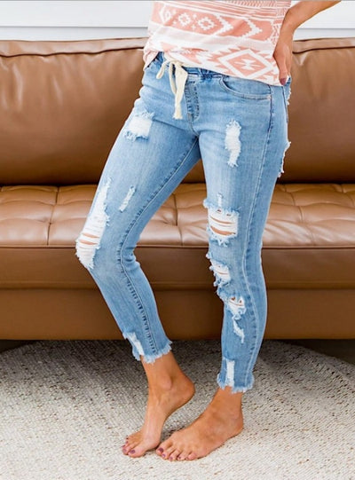 High Waist Holes Elastic Waist Jeans