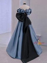 Blue Satin Black Lace Prom Dress