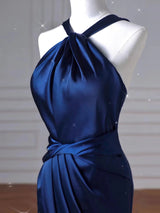 Simple Navy Blue Mermaid Satin Prom Dress