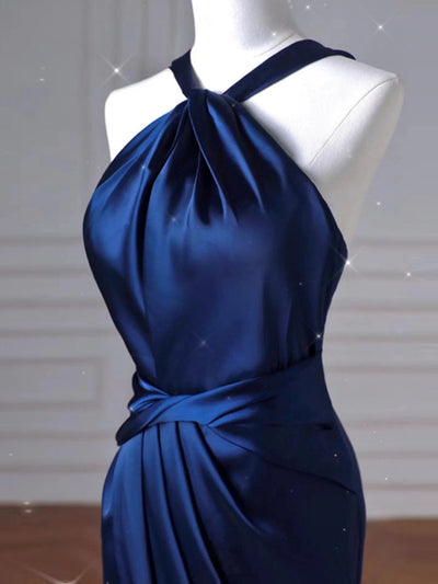 Simple Navy Blue Mermaid Satin Prom Dress