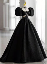 Black Square Puff Sleeve Beading Prom Dress