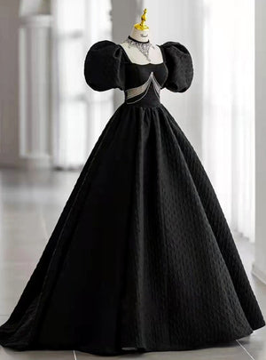 Black Square Puff Sleeve Beading Prom Dress