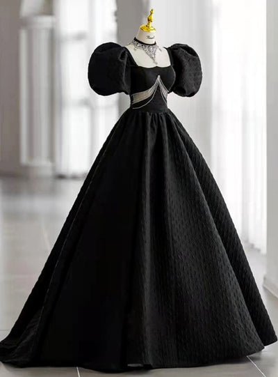Black Square Puff Sleeve Beading Prom Dress