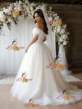 White Tulle Off the Shoulder Beading Wedding Dress