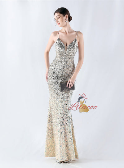 Spaghetti Straps Mermaid Sequins Prom Dress