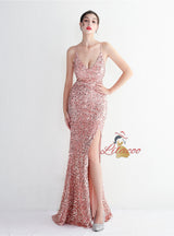 Spaghetti Straps Mermaid Sequins Split Prom Dress