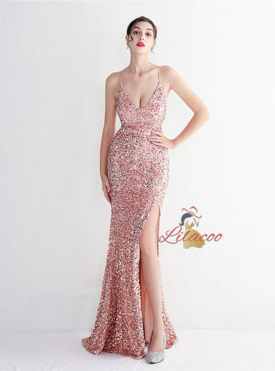 Spaghetti Straps Mermaid Sequins Split Prom Dress