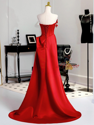 Red Satin Strapless Appliques Pleats Prom Dress
