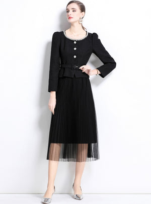 Round Neck Slim Long Sleeve Mesh Two-piece Suit