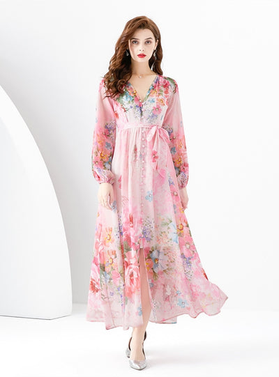 V-neck Lantern Sleeve Printed Dress