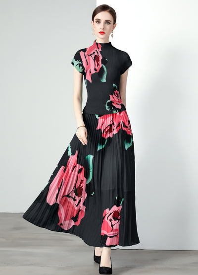 Pleated Slim Printed T-shirt Skirt Two-piece Dress