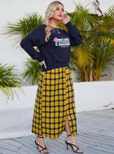 Printed Long-sleeved Top Plaid Skirt Suit