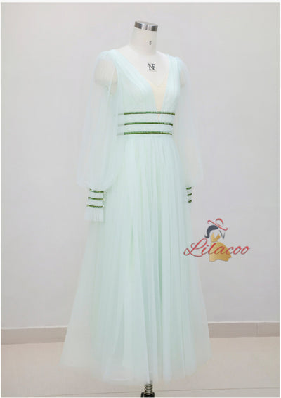 Sexy V-neck Gauze Lantern Sleeve Dress