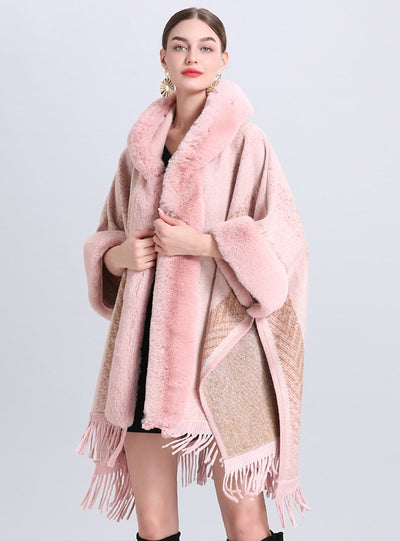 Fur-neck Hooded Jacquard Cloak Shawl