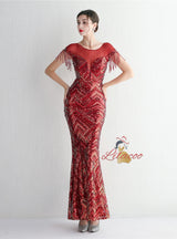 Scoop Neck Sequins Cap Sleeve Beading Prom Dress