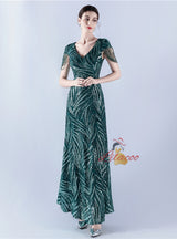 V-neck Sequins Cap Sleeve Beading Sequins Prom Dress