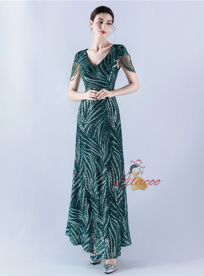 V-neck Sequins Cap Sleeve Beading Sequins Prom Dress