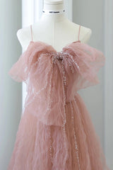 Pink Tulle Pleats Spaghetti Straps Prom Dress