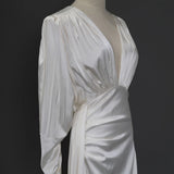 White Satin Long Sleeve V-neck Wedding Dress