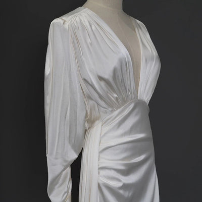 White Satin Long Sleeve V-neck Wedding Dress