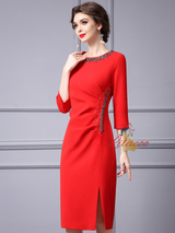 Red 3/4 Sleeve Scoop Neck Beading Mother Of The Bride Dress