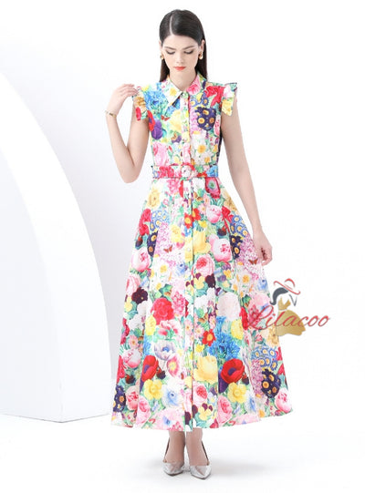 Retro Palace Printed Breasted Dress