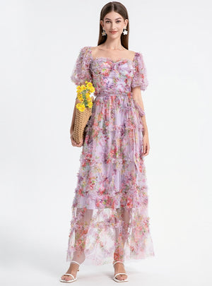 Heavy-duty Mesh Print Stitching Medium-long Dress