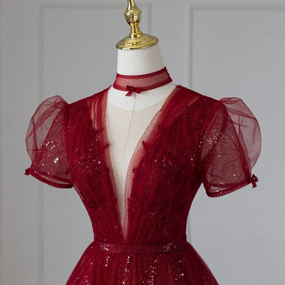 Burgundy Sequins Tulle Short Sleeve Prom Dress