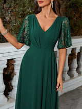 Green Chiffon Lace V-neck Prom Dress